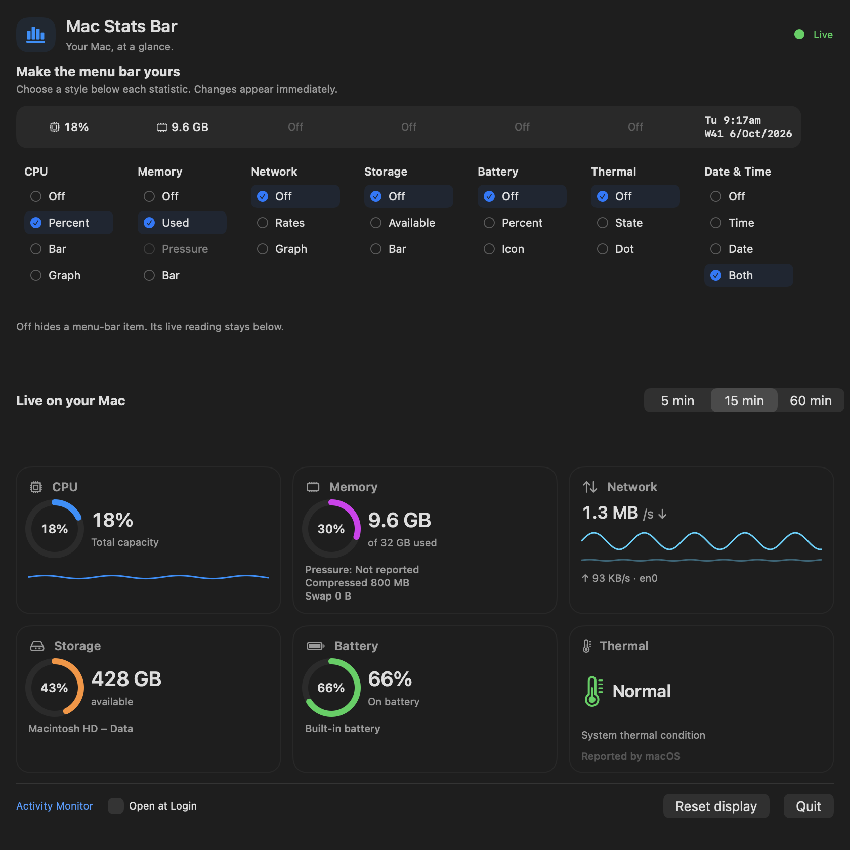 MacStatsBar native nga Mac app nga adunay mga pagbasa sa CPU, memory, network, storage, baterya ug kahimtang sa kainit